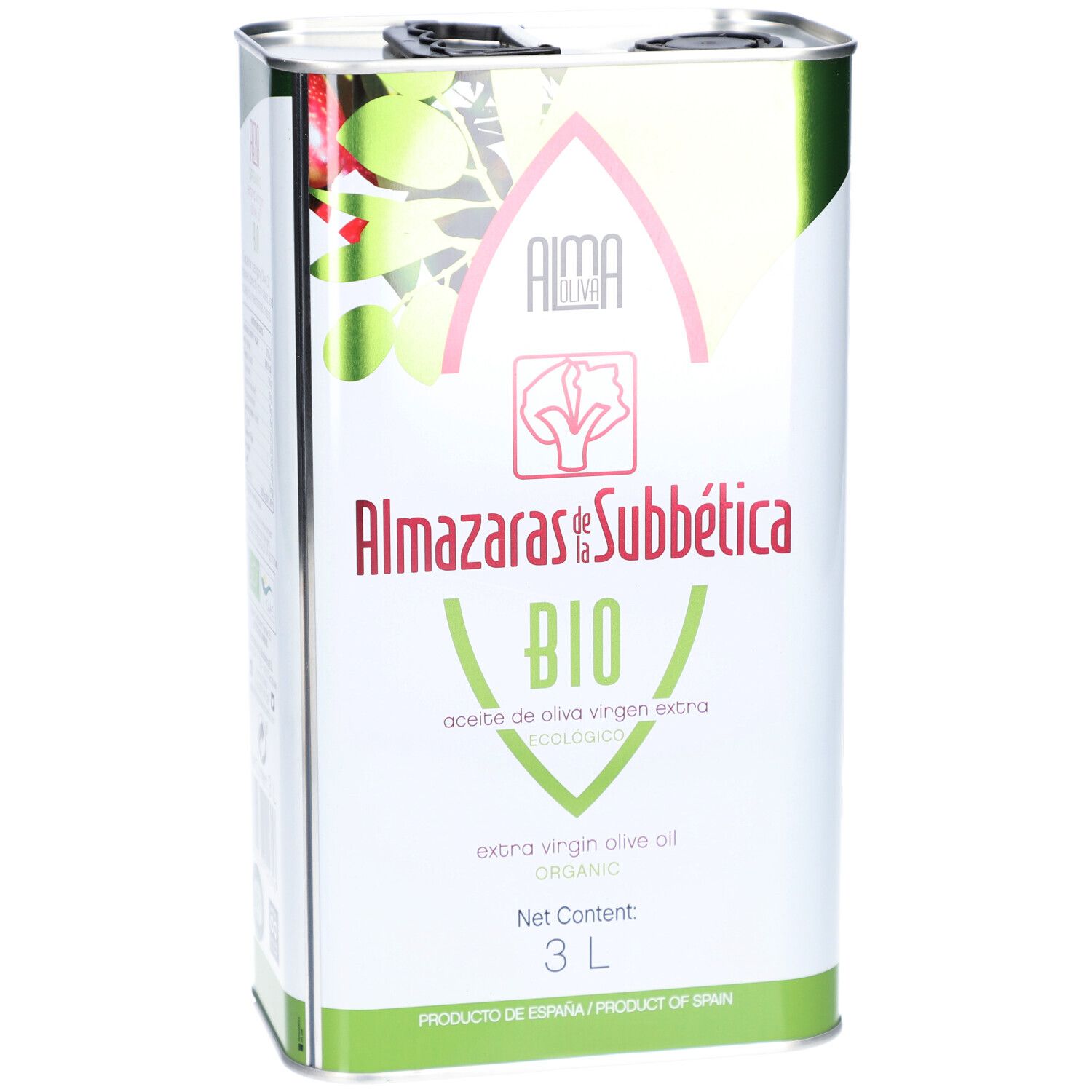 Bidon métallique rectangulaire. Inscription : Almaoliva Bio, Almazaras de la Subbética, 3L. Design vert et rouge.