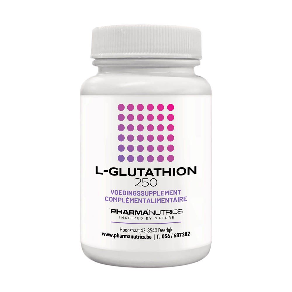Flacon blanc. Inscription: L-Glutathion 250, Voedingssupplement, PHARMA NUTRICS. Bouchon blanc.
