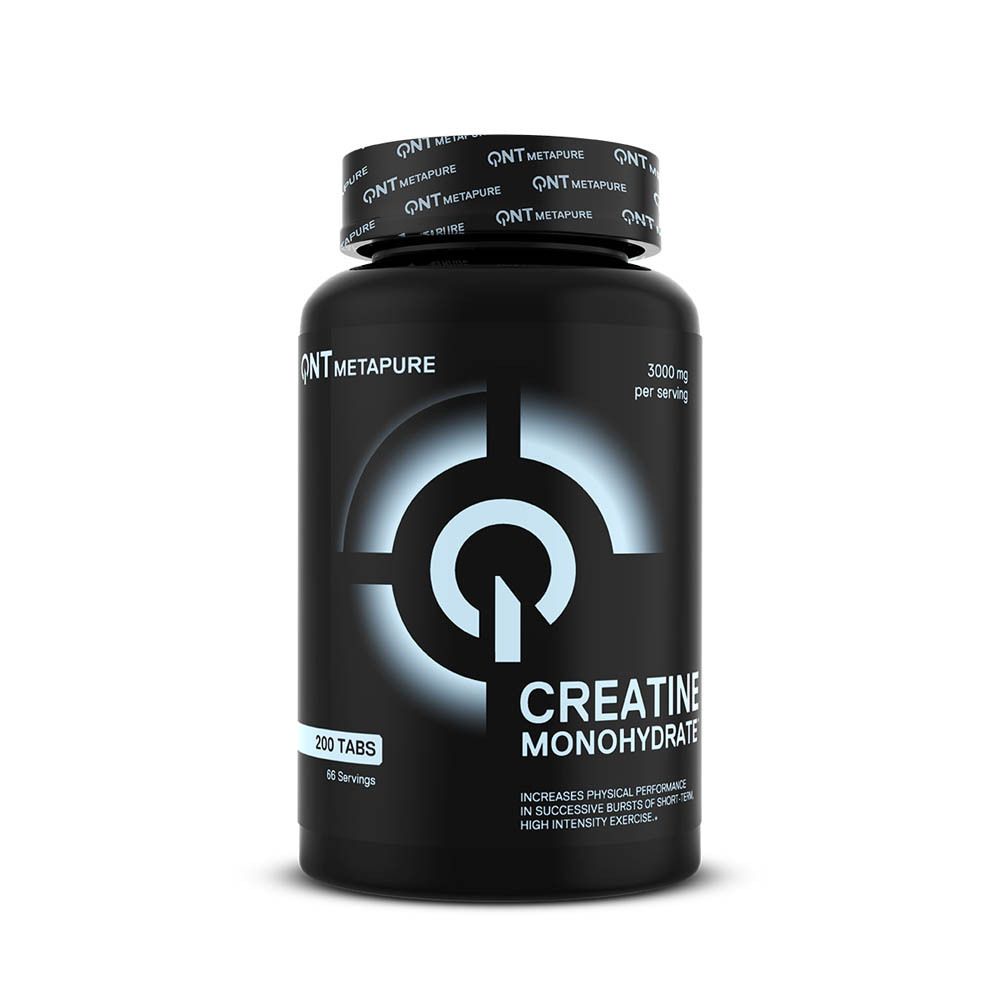 Flacon noir QNT Metapure Creatine Monohydrate. 200 comprimés, 66 portions. Inscription : Creatine Monohydrate.