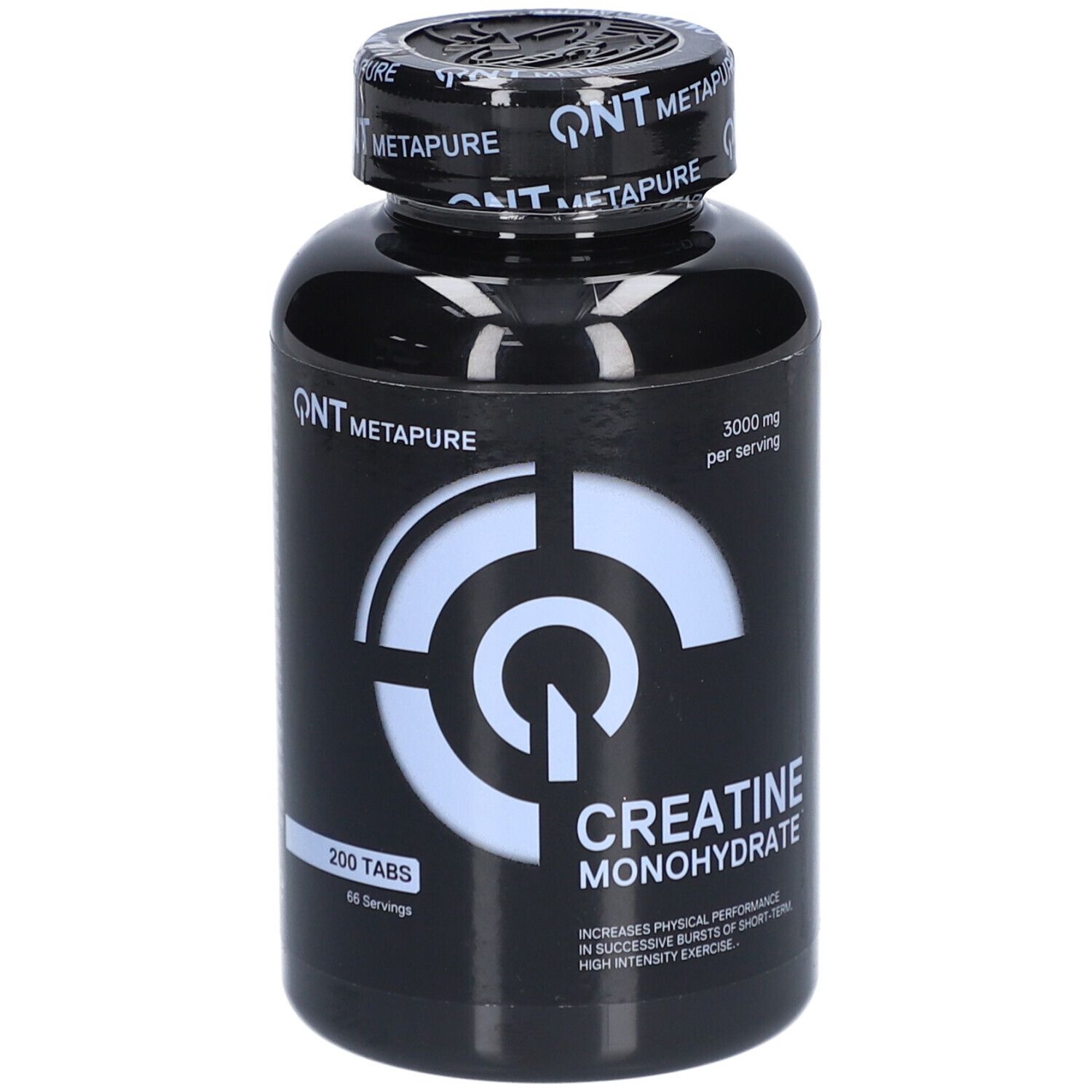 Schwarze Flasche mit QNT Metapure Creatine Monohydrate. 200 Tabletten, 66 Portionen. Aufschrift: 3000 mg pro Portion.