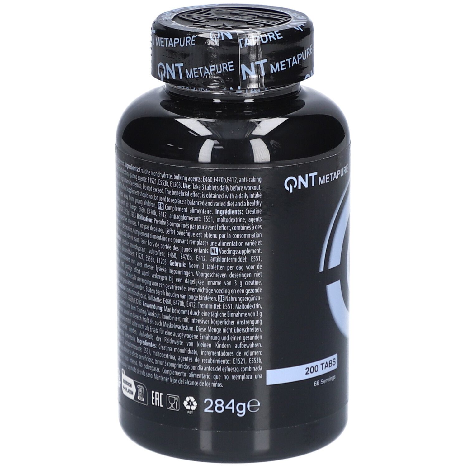 Rückseite der schwarzen Flasche QNT Metapure Creatine Monohydrate. Text mit Inhaltsstoffen und Nährwertangaben. 200 Tabletten.