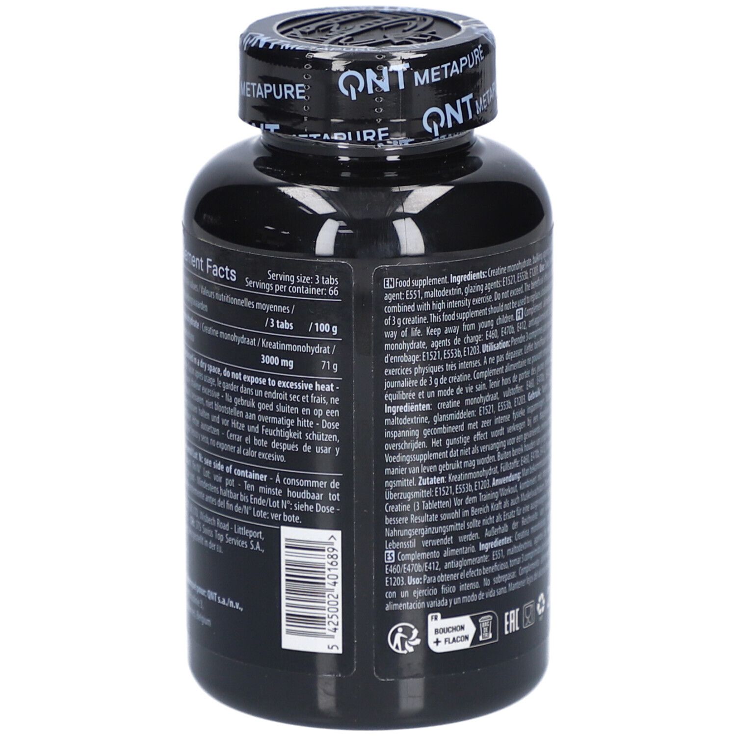 Rückseite der schwarzen Flasche QNT Metapure Creatine Monohydrate. Nährwertangaben und Inhaltsstoffe. 200 Tabletten.