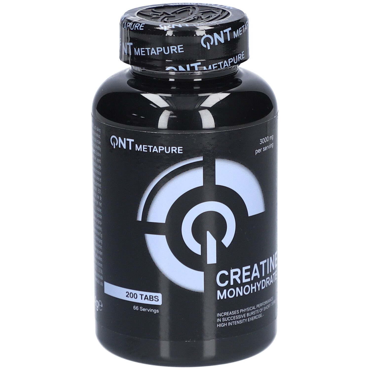 Schwarze Flasche QNT Metapure Creatine Monohydrate. 200 Tabletten, 66 Portionen. Aufschrift: Creatine Monohydrate, 3000 mg pro Portion.