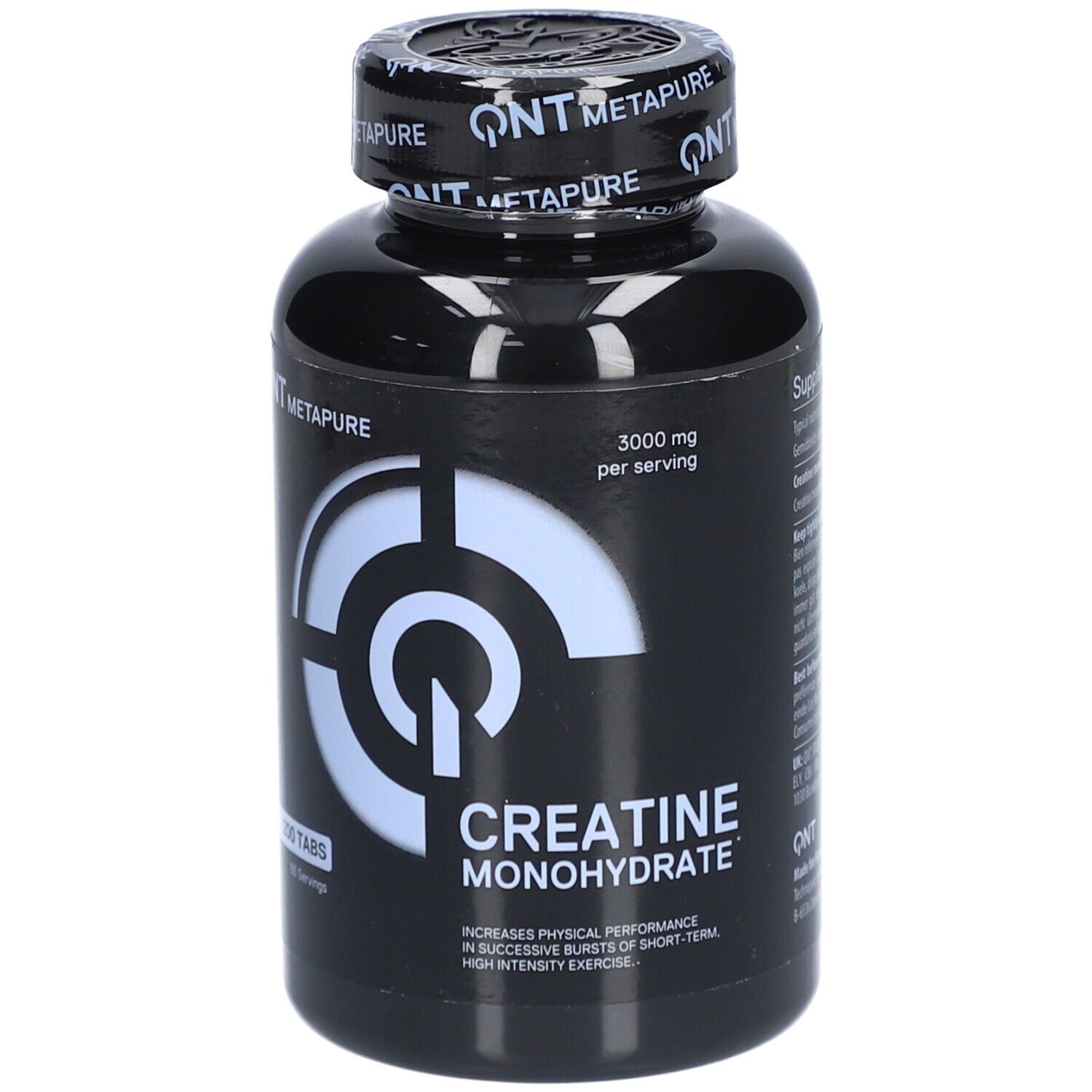 Schwarze Flasche QNT Metapure Creatine Monohydrate. 200 Tabletten. Aufschrift: Creatine Monohydrate, 3000 mg pro Portion.