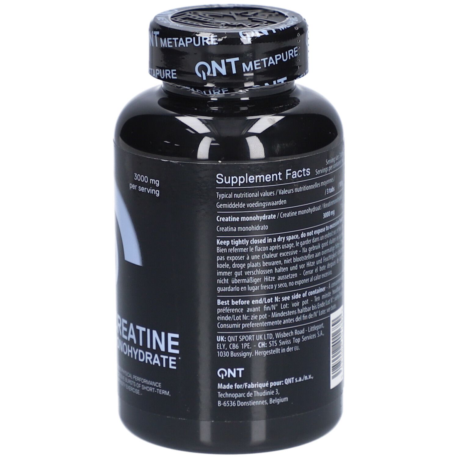 Rückseite der schwarzen Flasche QNT Metapure Creatine Monohydrate. Text mit Nährwertangaben und Inhaltsstoffen.