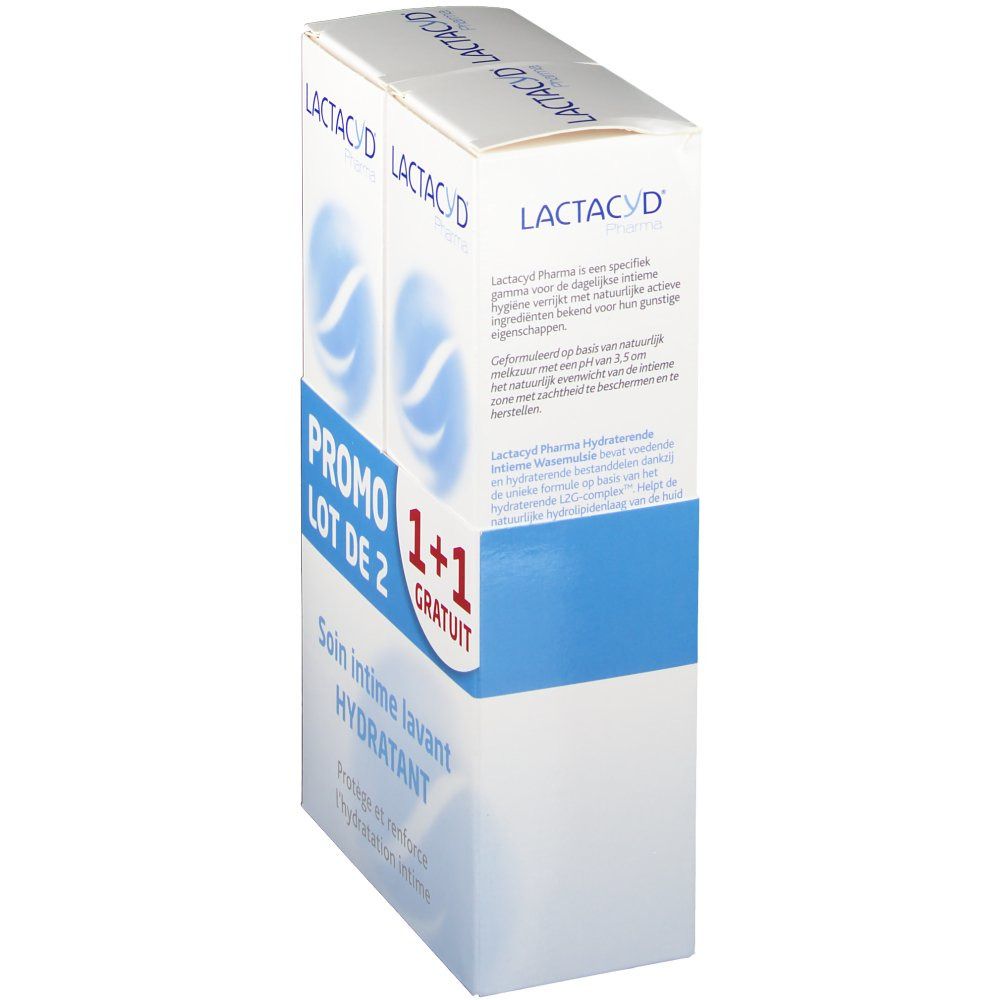 Verpackung mit LACTACYD Pharma. "PROMO LOT DE 2 1+1 GRATUIT" und "Soin Intime lavant HYDRATANT" Text.