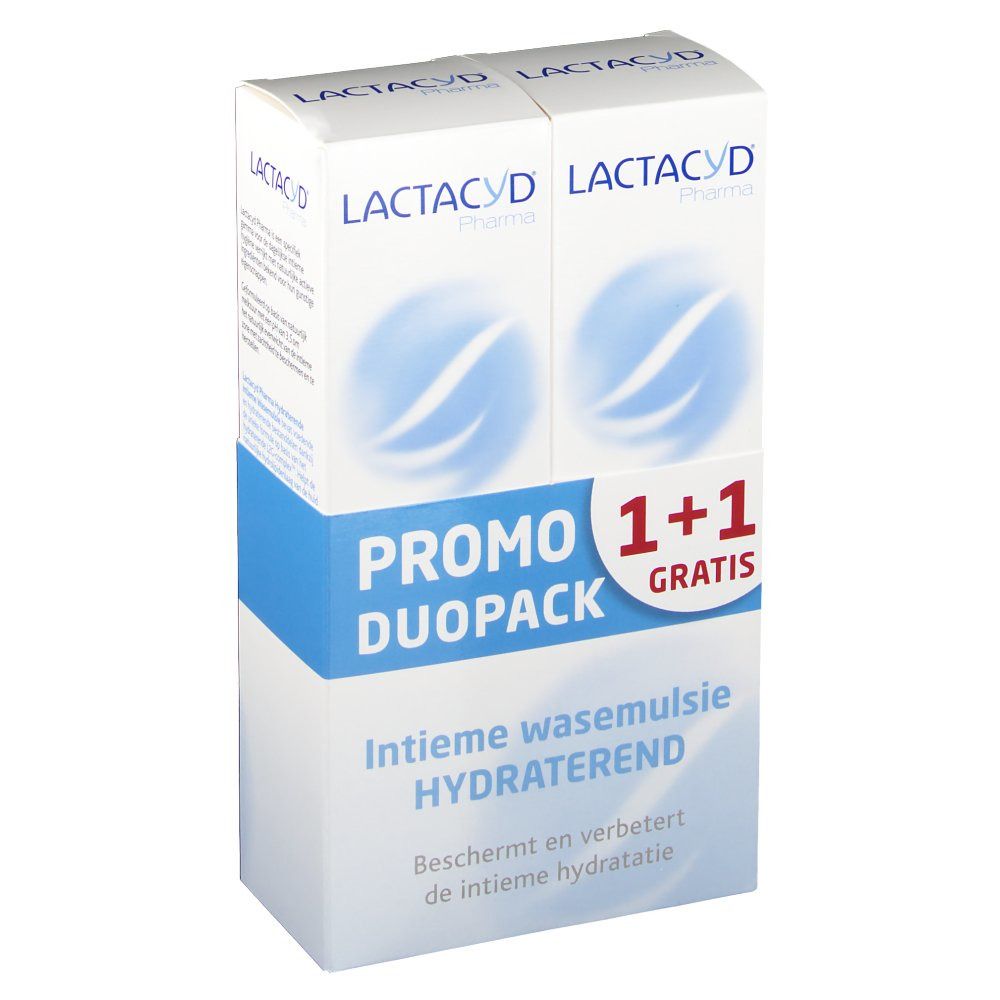 LACTACYD Pharma Duopack-Verpackung. "PROMO DUOPACK 1+1 GRATIS" und "Intieme wasemulsie HYDRATEREND" Text.