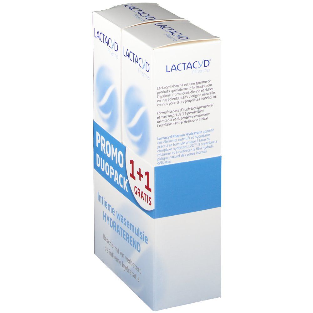 LACTACYD Pharma Duopack-Verpackung. "PROMO DUOPACK 1+1 GRATIS" und "Intieme wasemulsie HYDRATEREND" Text.