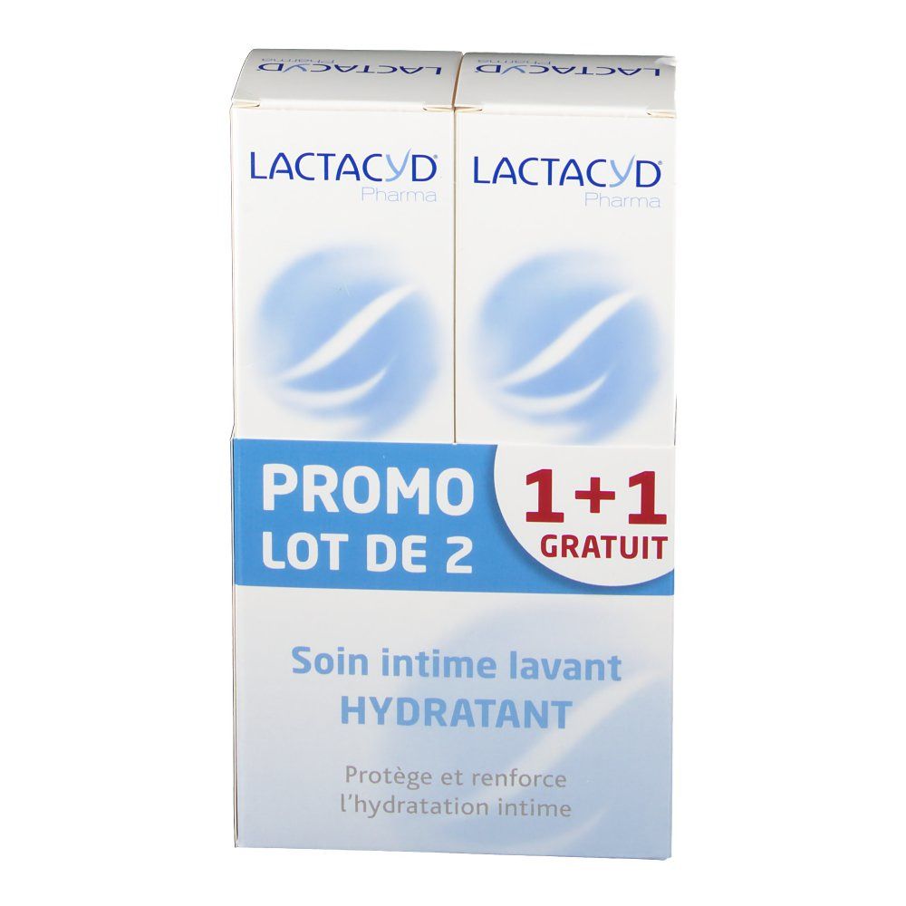 LACTACYD Pharma Verpackung. "PROMO LOT DE 2 1+1 GRATUIT" und "Soin Intime lavant HYDRATANT" Text.