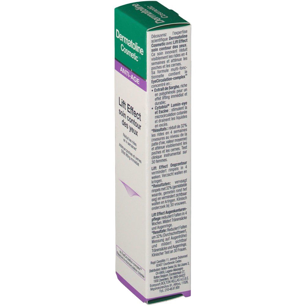 Dermatoline Cosmetic Produktverpackung. Text: Lift Effect Soin Contour des Yeux. Anti-Age. Reduziert Falten in 4 Wochen. Weiß-grüne Schachtel.