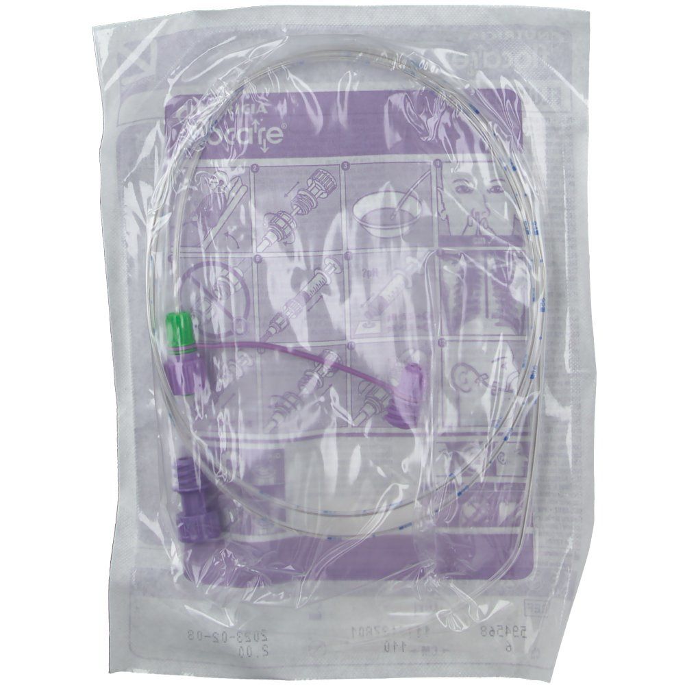 Flocare® Pur Sonde in transparenter Verpackung. Schlauch mit Anschlüssen, grün und violett. Aufdruck mit Produktinformationen.