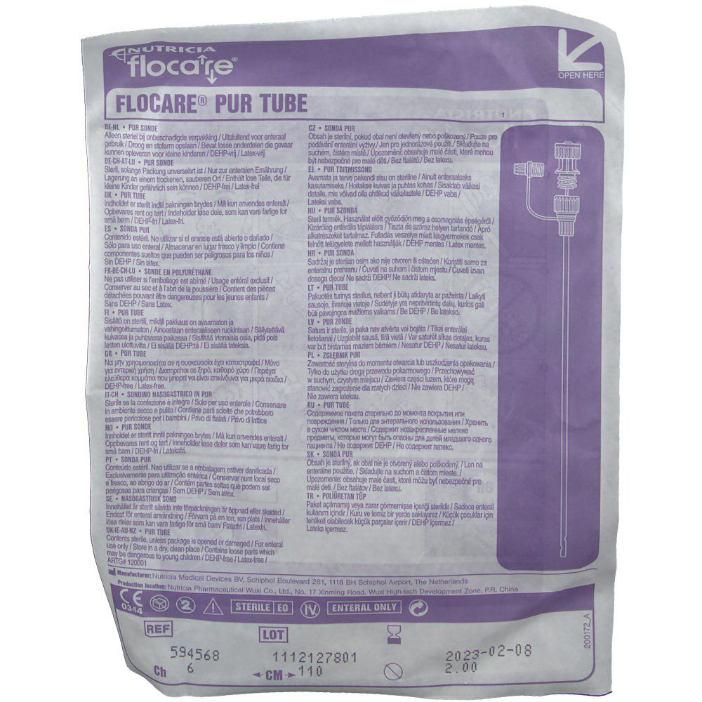 Rückseite der Flocare® Pur Sonde Verpackung. Text in mehreren Sprachen. Lila Hintergrund mit Produktabbildung und Informationen.