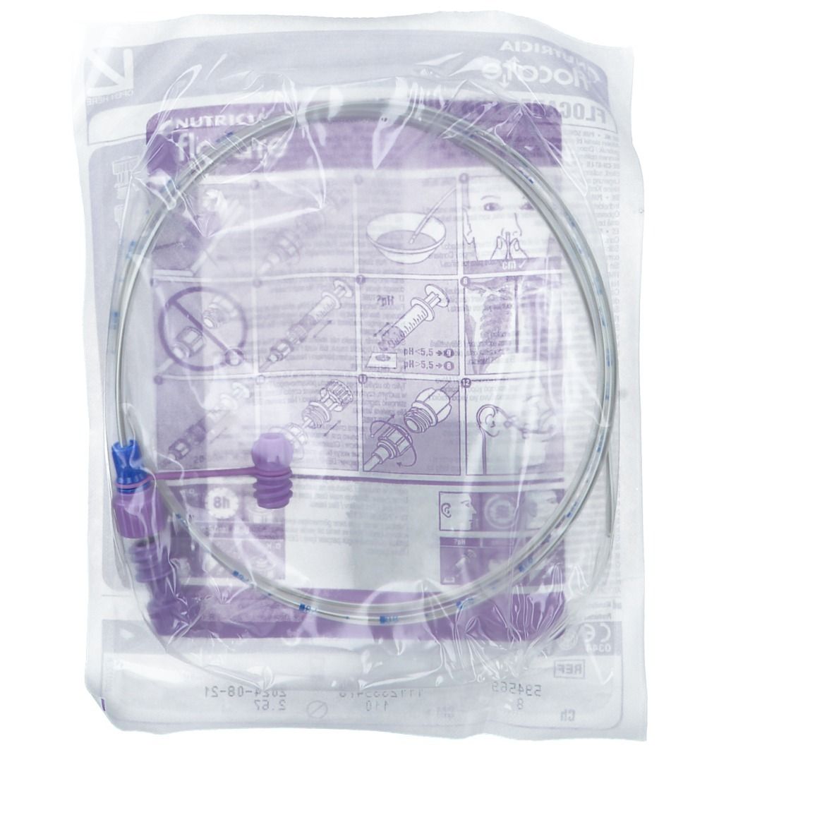 Flocare® Pur Sonde in Verpackung. Schlauch, Konnektor, Anweisungen. Sterile Verpackung.
