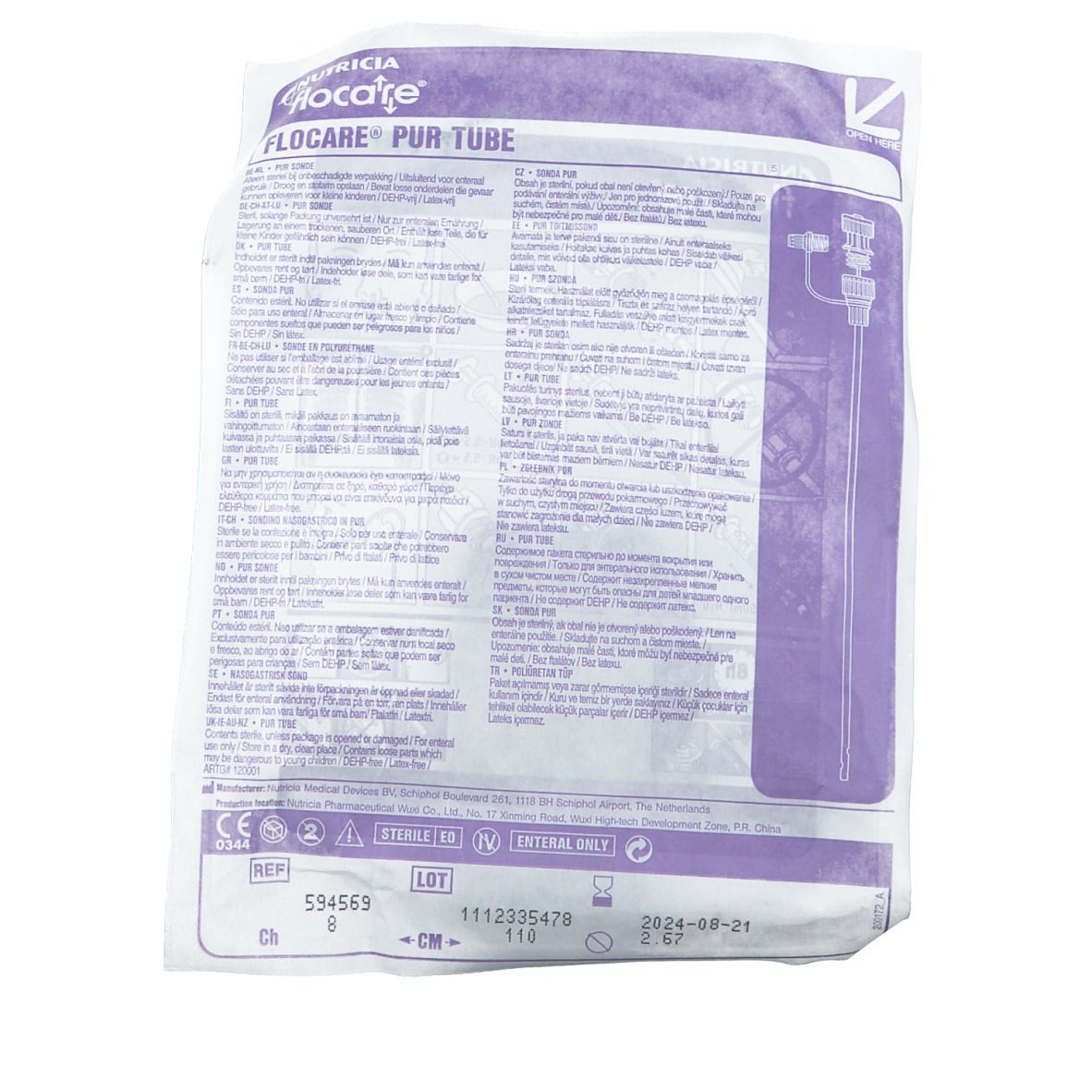 Rückseite der Flocare® Pur Sonde Verpackung. Produktname, Chargennummer, Verfallsdatum.