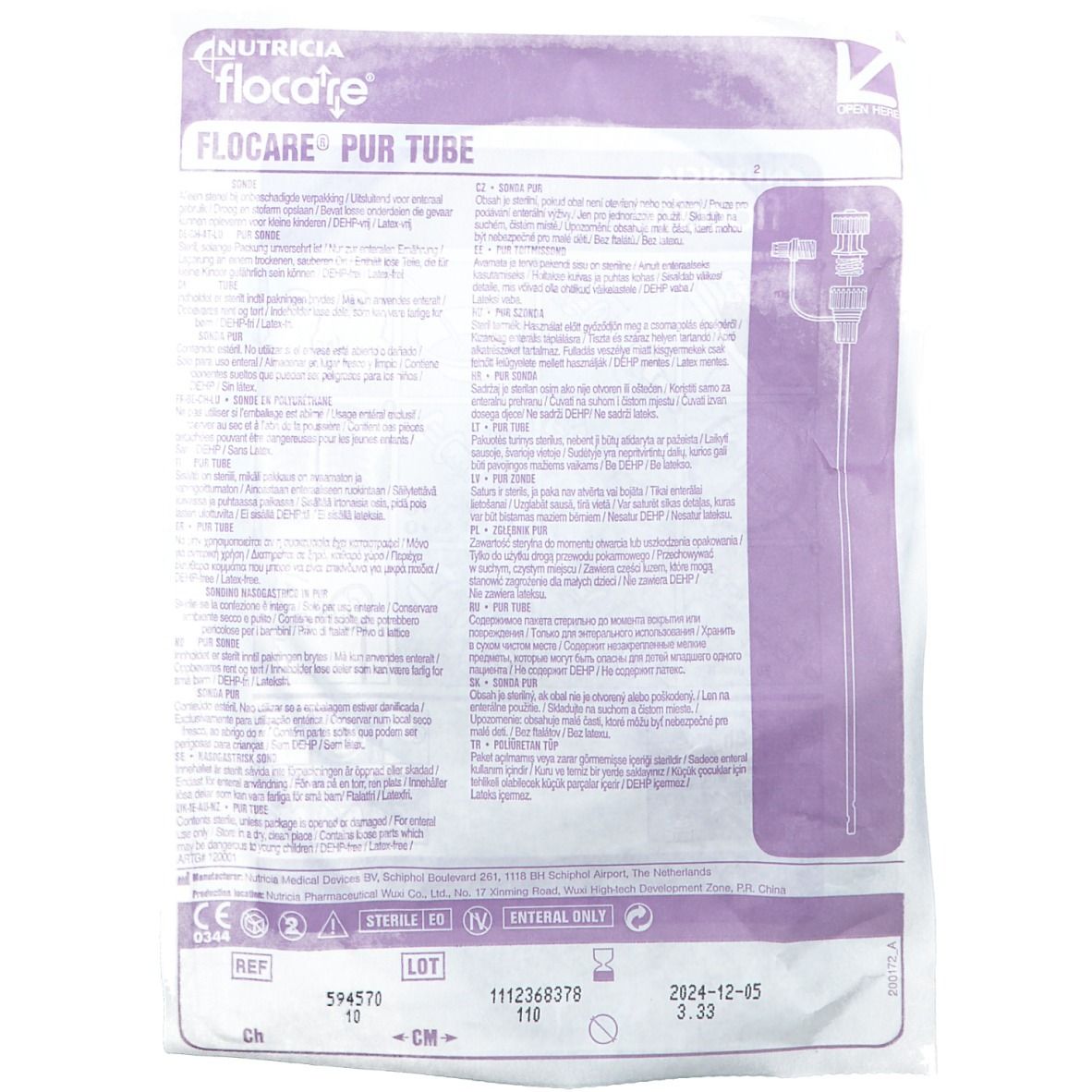 Emballage avec sonde d'alimentation. Impression avec nom du produit, texte et données techniques.