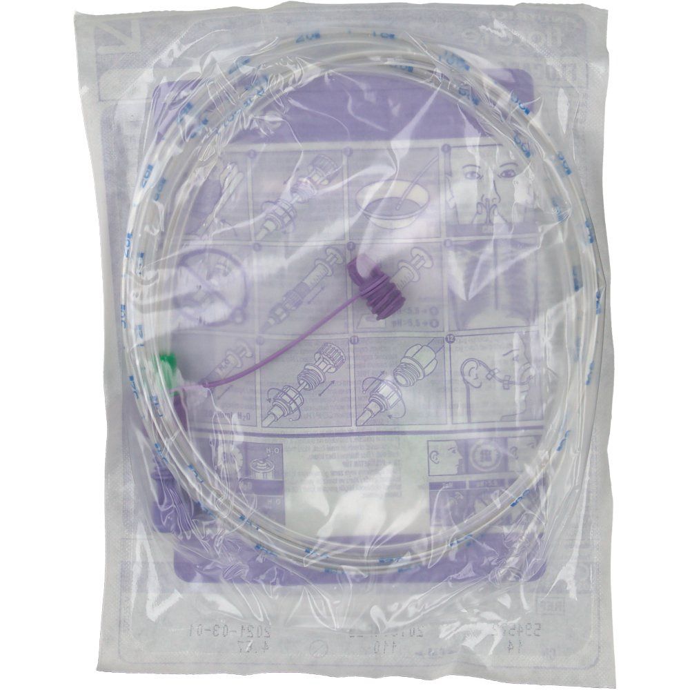 Verpackte medizinische Sonde. Transparenter Schlauch, violette und grüne Elemente. In Plastik verpackt.