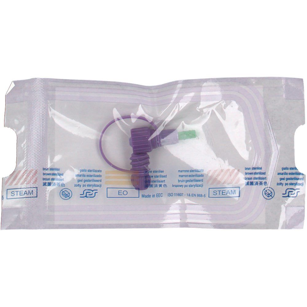 Flocare® PEG-Anschluss in steriler Verpackung. Lila und grüner Kunststoffanschluss mit Schlaufe.