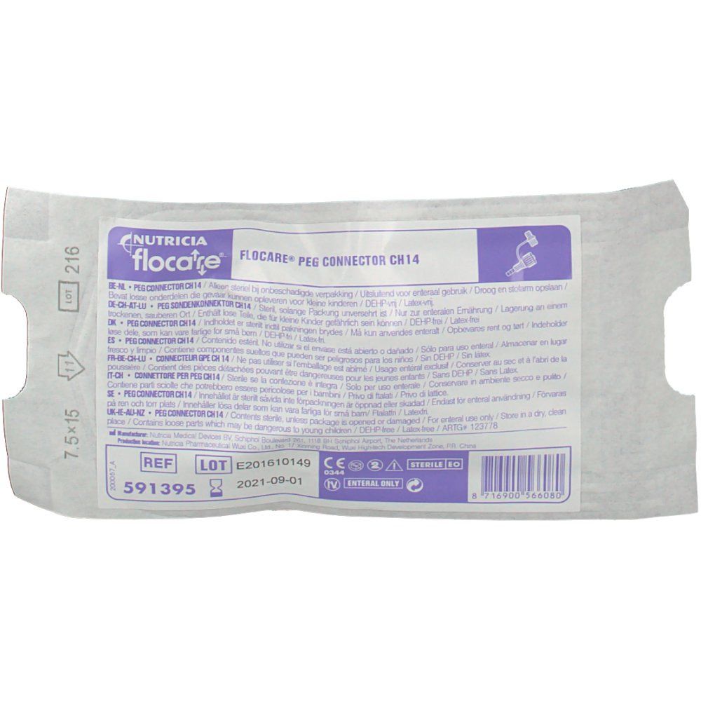 Verpackung mit Flocare® PEG Connector CH14. Produktname, Chargennummer, Verfallsdatum und CE-Kennzeichnung.