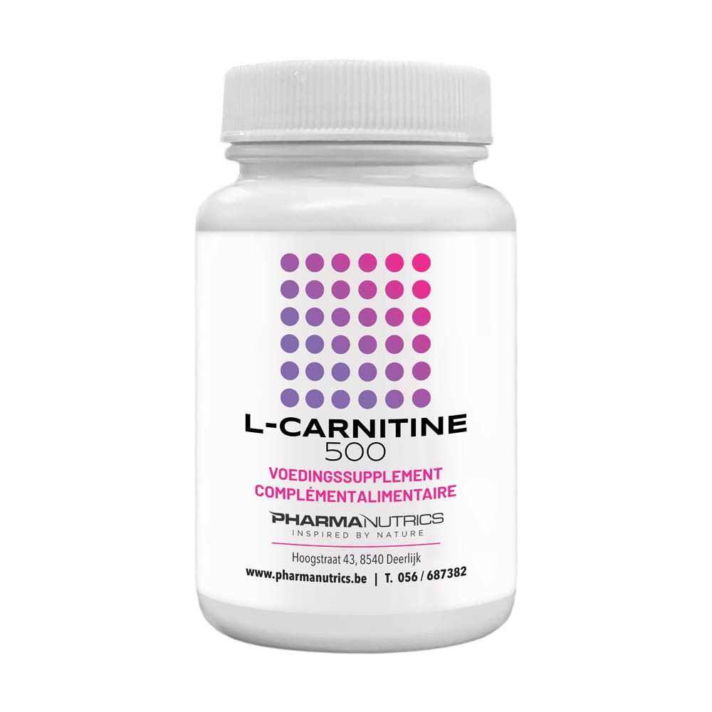 Flacon blanc L-Carnitine 500. Points violets et roses. Texte: Pharmanutrics, Voedingssupplement, Complement alimentaire.