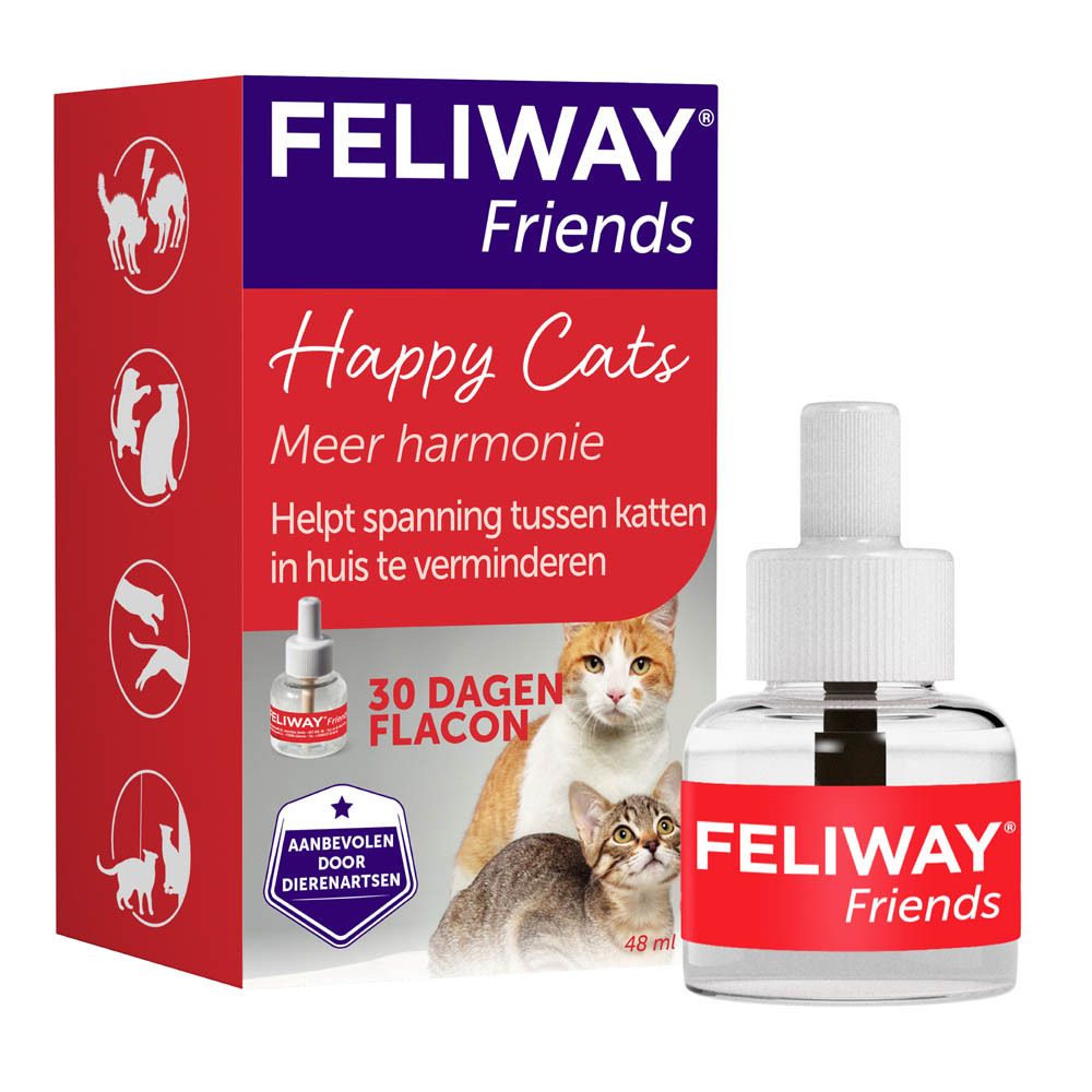 FELIWAY FRIENDS Flakon und Verpackung. Produktname, Katzenabbildung und Produktinformationen. 48 ml Flakon.
