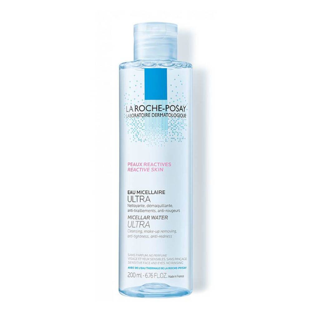 La Roche-Posay Mizellen Reinigungsfluid Reaktiv. Flacon bleu avec bouchon bleu. Texte: Eau Micellaire Ultra, pour peaux sensibles.