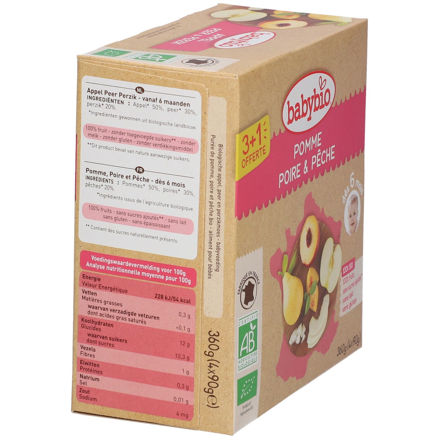Côté boîte Babybio avec informations nutritionnelles et liste des ingrédients. Texte en français et néerlandais.