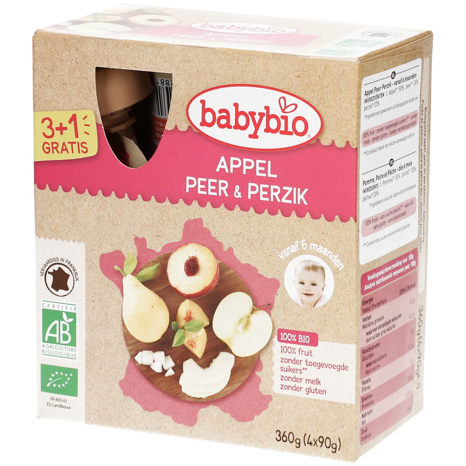Boîte Babybio compote Appel Peer & Perzik. Inscription: 3+1 gratis, logo AB Bio, dès 6 mois. Fruits dessinés.