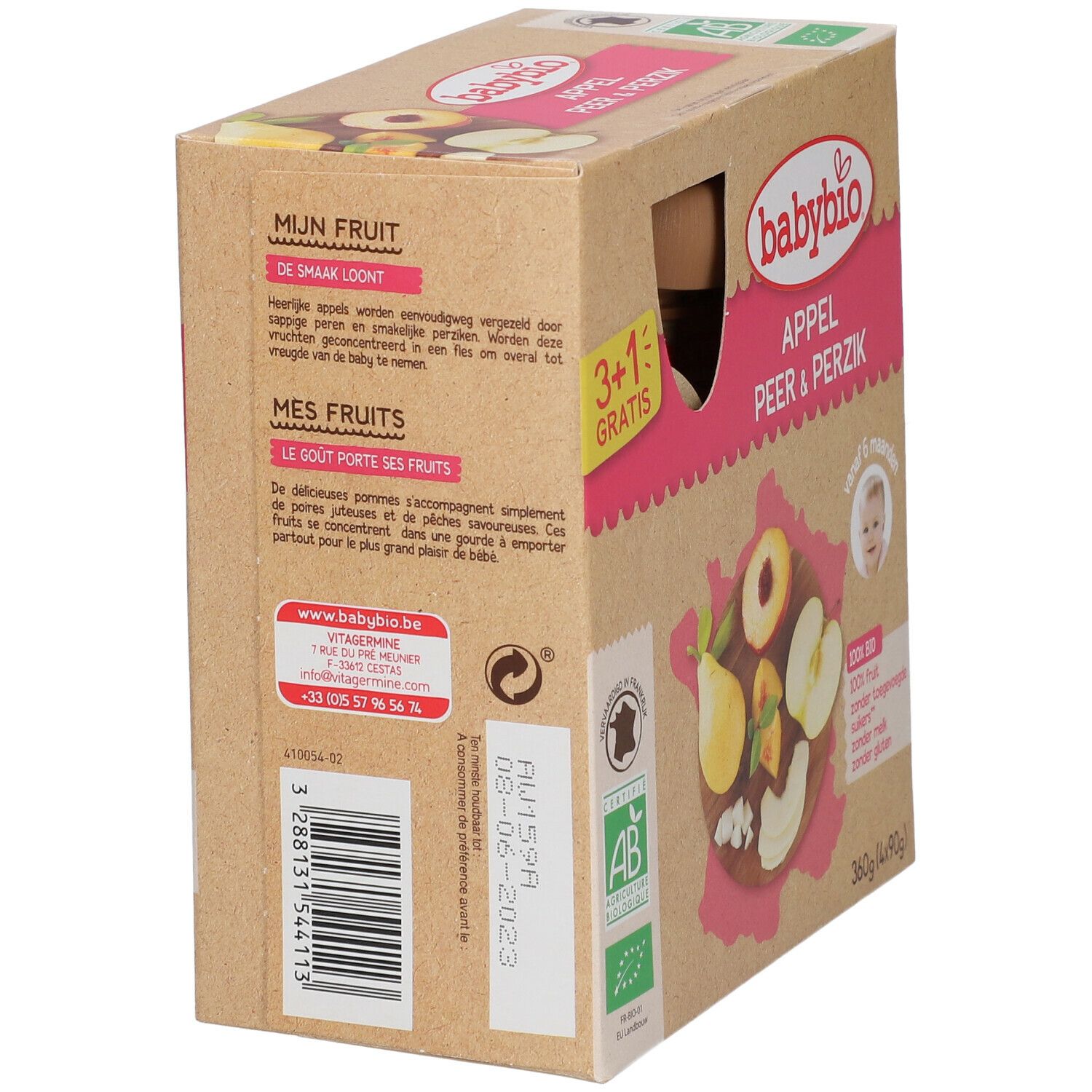 Dos de la boîte Babybio compote. Texte en français et néerlandais. Logo AB Bio et date de péremption.