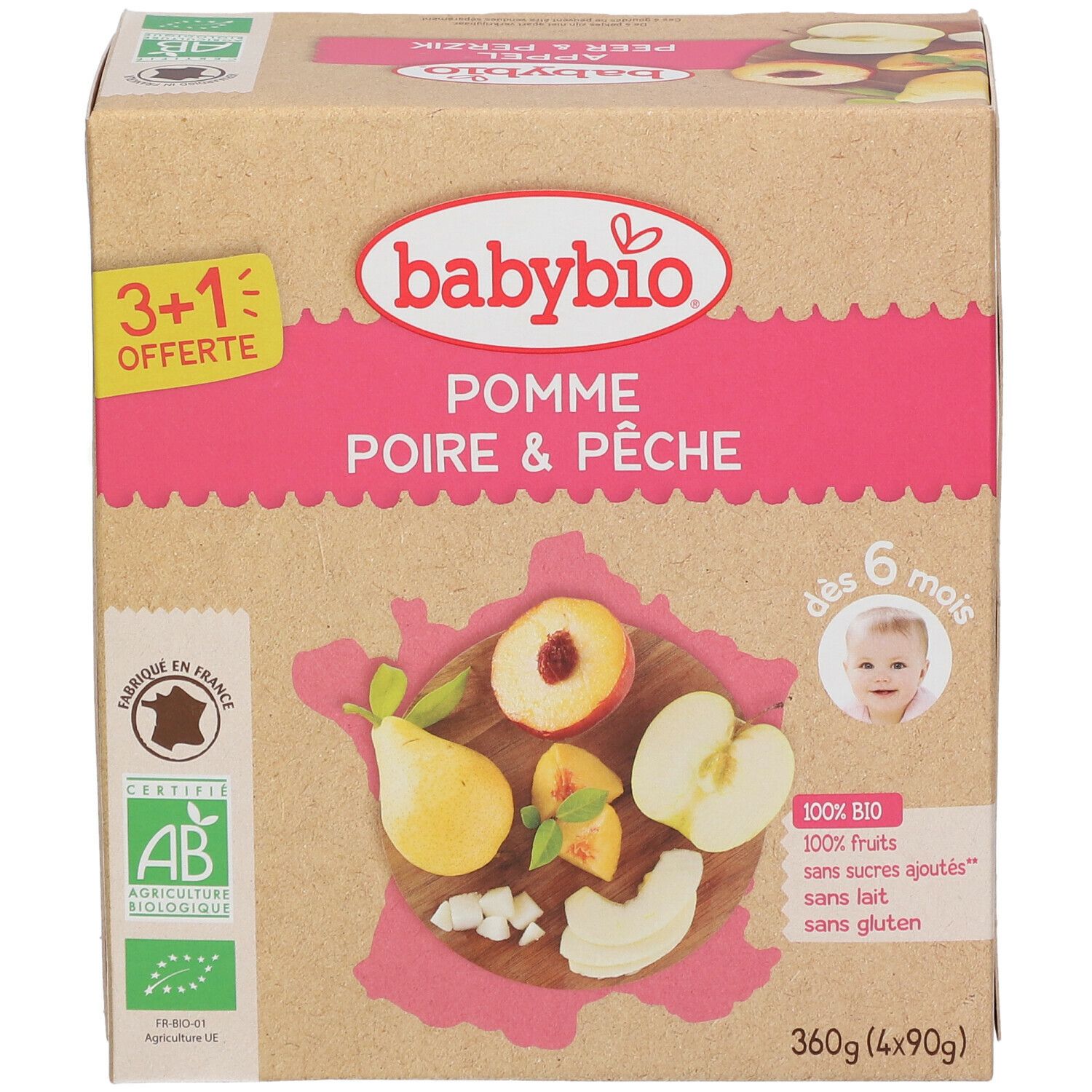 Boîte Babybio compote Pomme Poire & Pêche. Inscription: 3+1 offerte, logo AB Bio, dès 6 mois. Fruits dessinés.