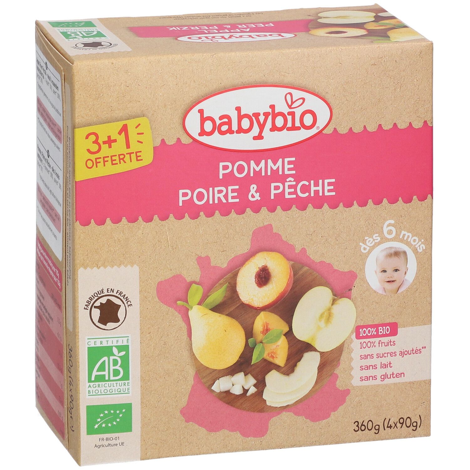 Boîte Babybio compote Pomme Poire & Pêche. Inscription: 3+1 offerte, logo AB Bio, dès 6 mois. Fruits dessinés.