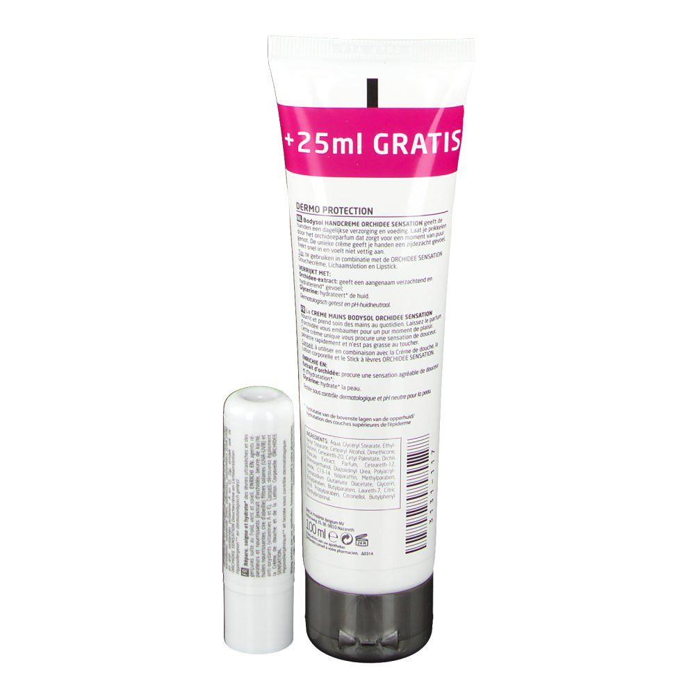 Rückseite der Handcreme-Tube und Lippenbalsam. Produktinformationen und Inhaltsstoffe.
