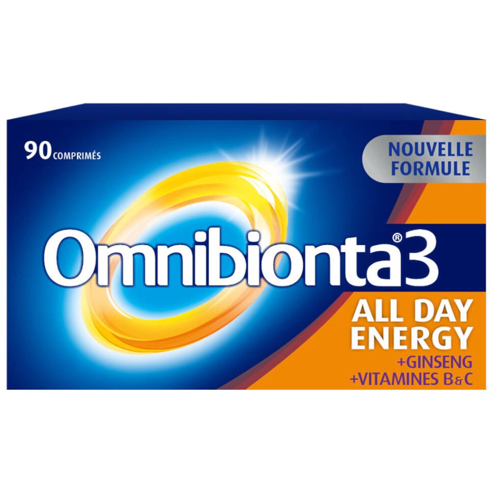 Blau-orange Schachtel mit Omnibionta3 All Day Energy. Enthält 90 Tabletten. Neue Formel.