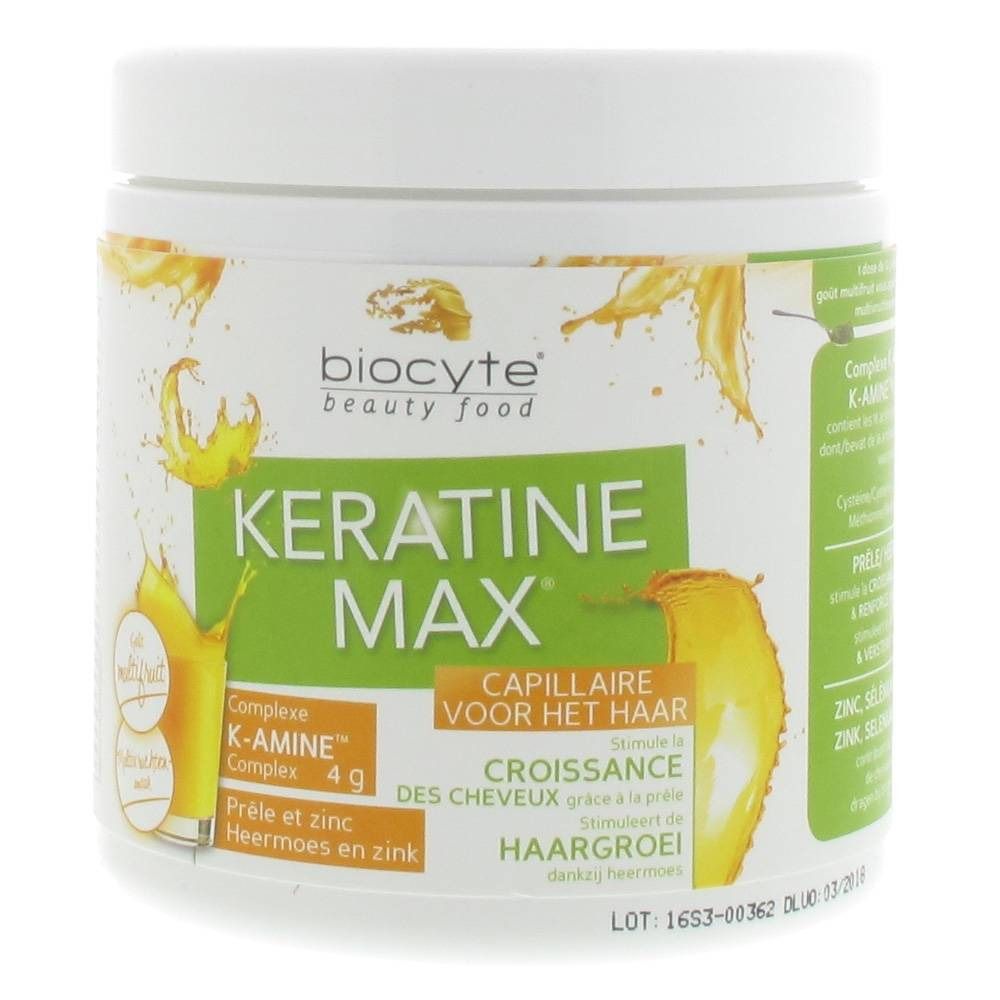 Pot blanc avec étiquette verte. Inscription: Biocyte Keratine Max. Contient K-Amine Complex, zinc et prêle.