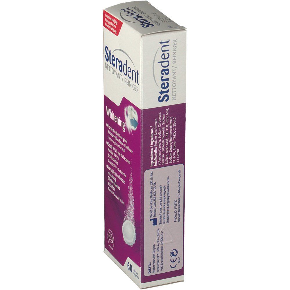 Boîte Steradent Nettoyant/Reiniger Whitening. Inscriptions : Steradent, Whitening, 60 comprimés. Ingrédients et avertissements.