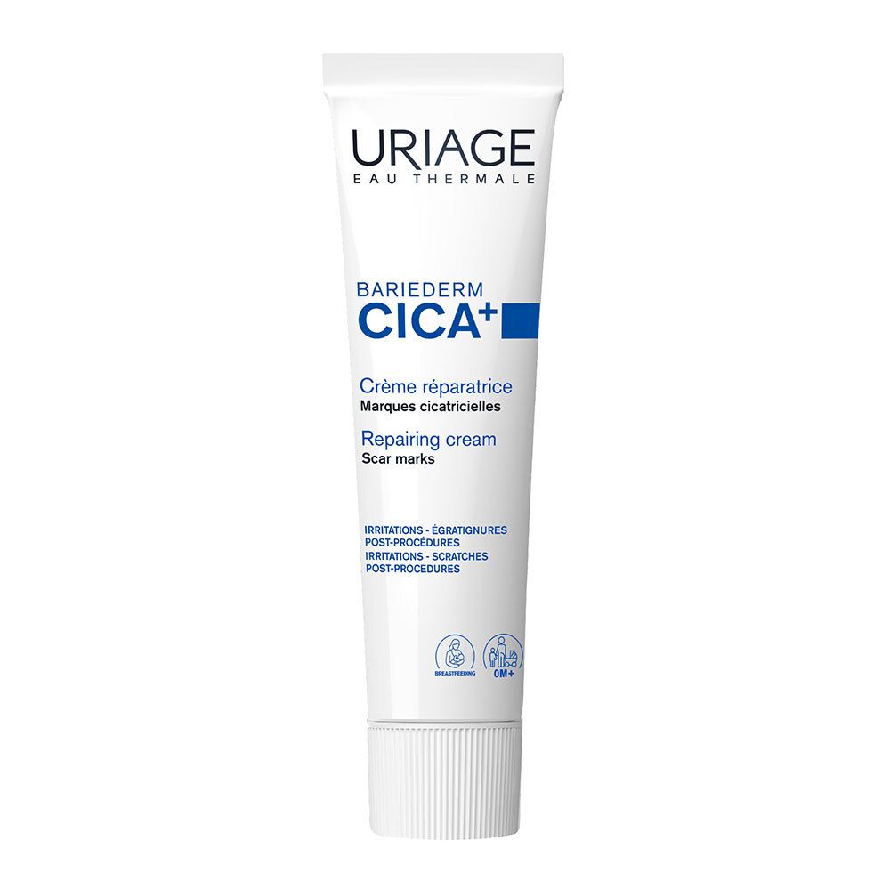 Uriage Bariederm Cica+ Creme Reparatrice, eine reparierende Narbencreme in einer weißen Tube.