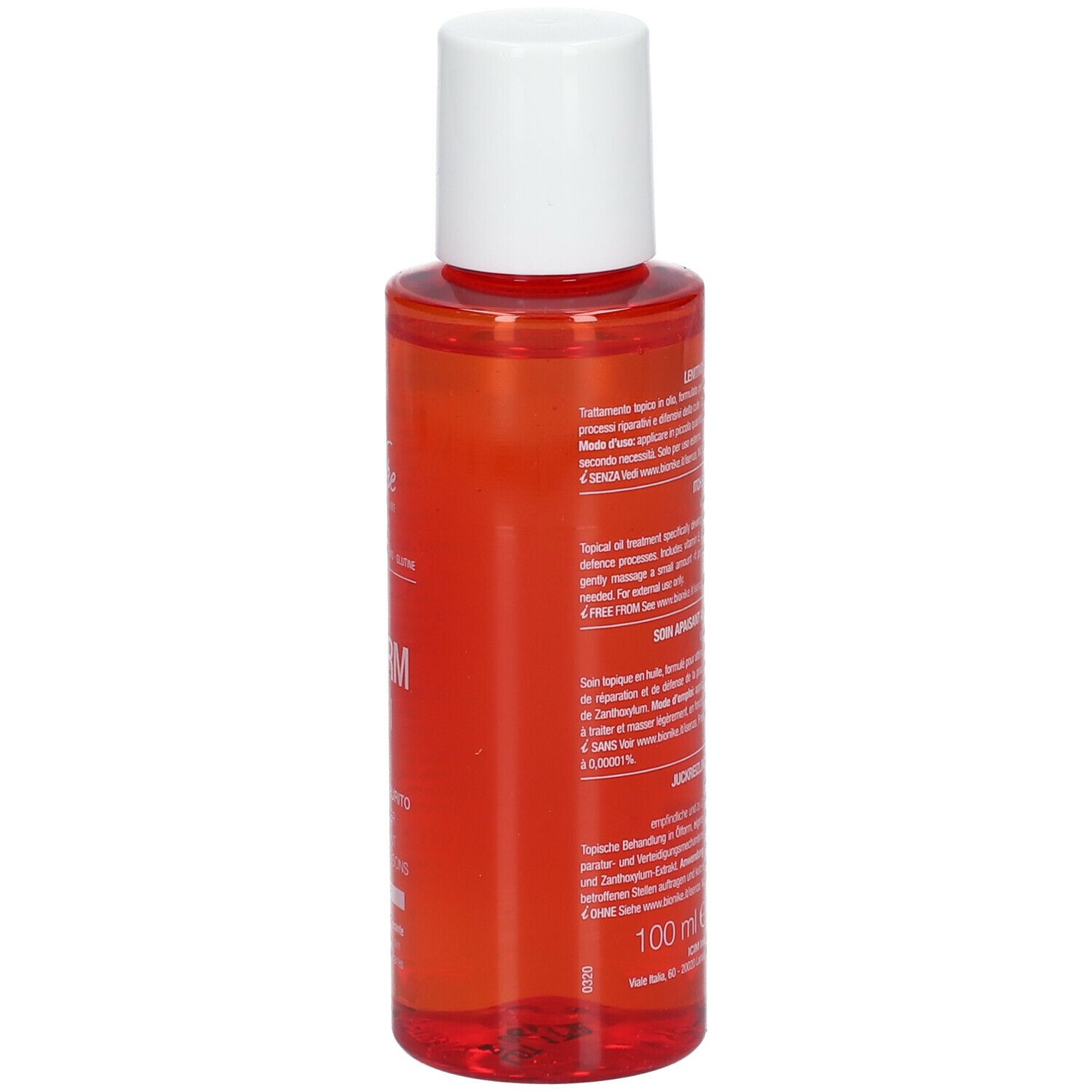 BioNike TRIDERM Len'oil. Flacon rouge à bouchon blanc. Texte sur l'étiquette, 100 ml.