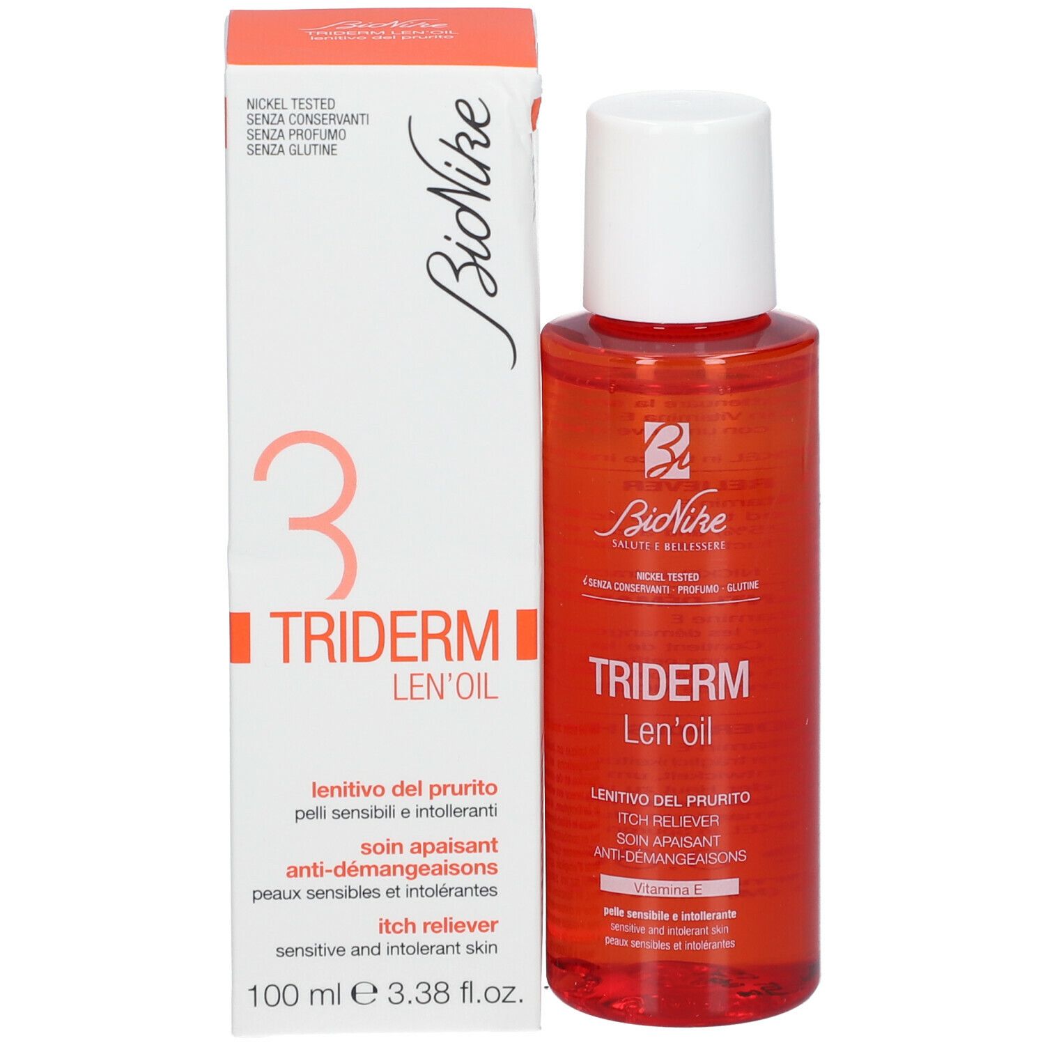 BioNike TRIDERM Len'oil. Flacon et emballage. Flacon rouge, emballage blanc avec texte.