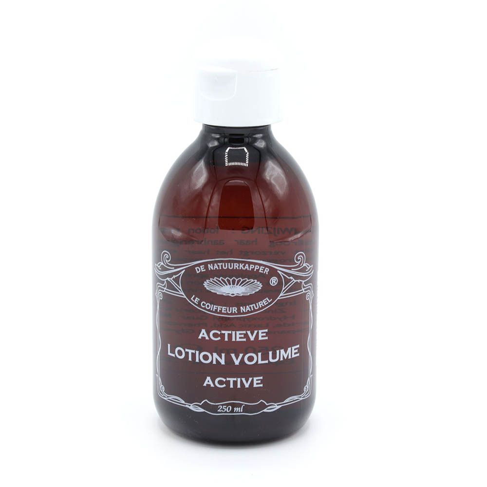Flacon brun avec bouchon blanc. Inscription: Actieve Lotion Volume Active. Marque: De Natuurkapper. Volume: 250 ml.