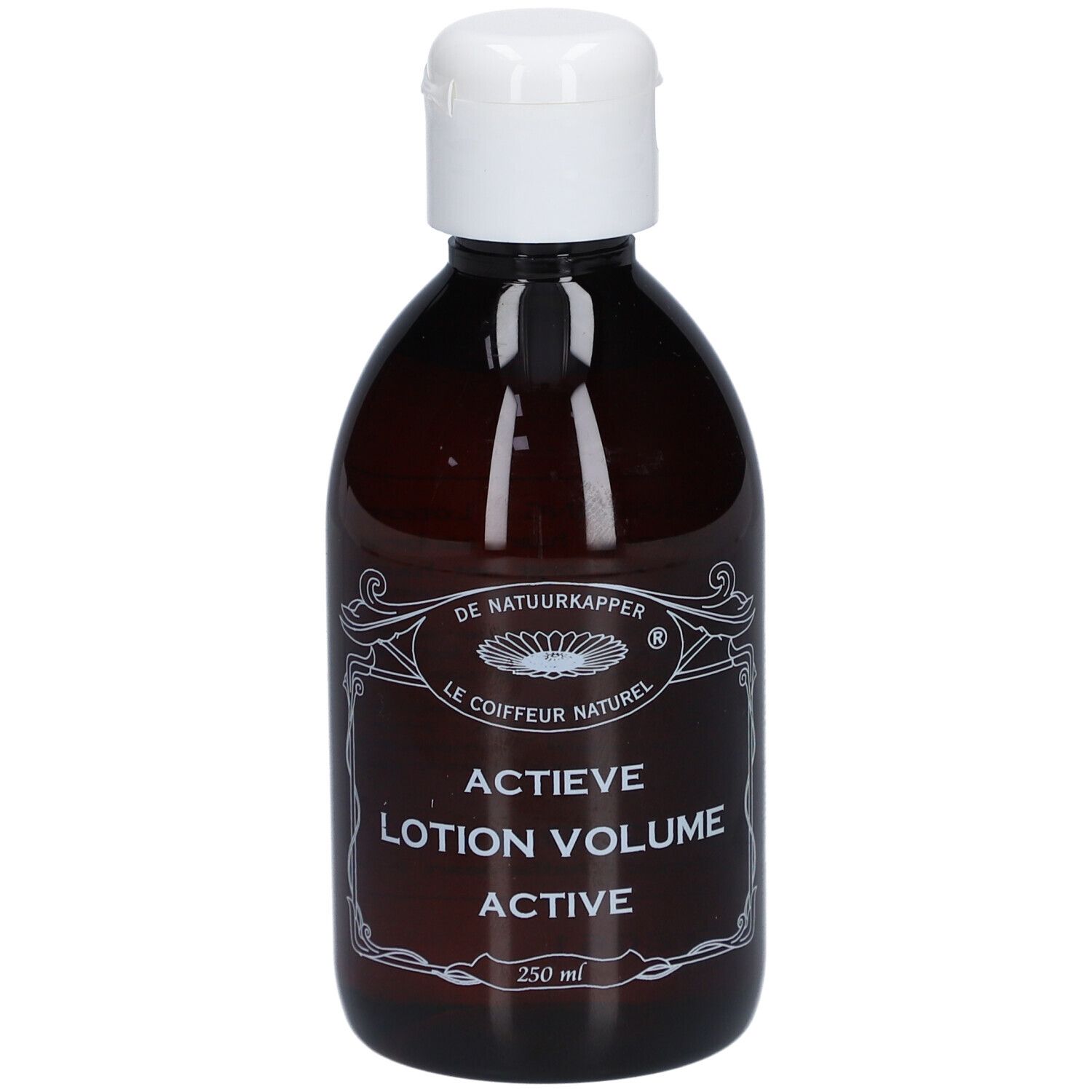 Braune Flasche mit weißem Deckel. Aufschrift: Actieve Lotion Volume Active. Marke: De Natuurkapper. Volumen: 250 ml.