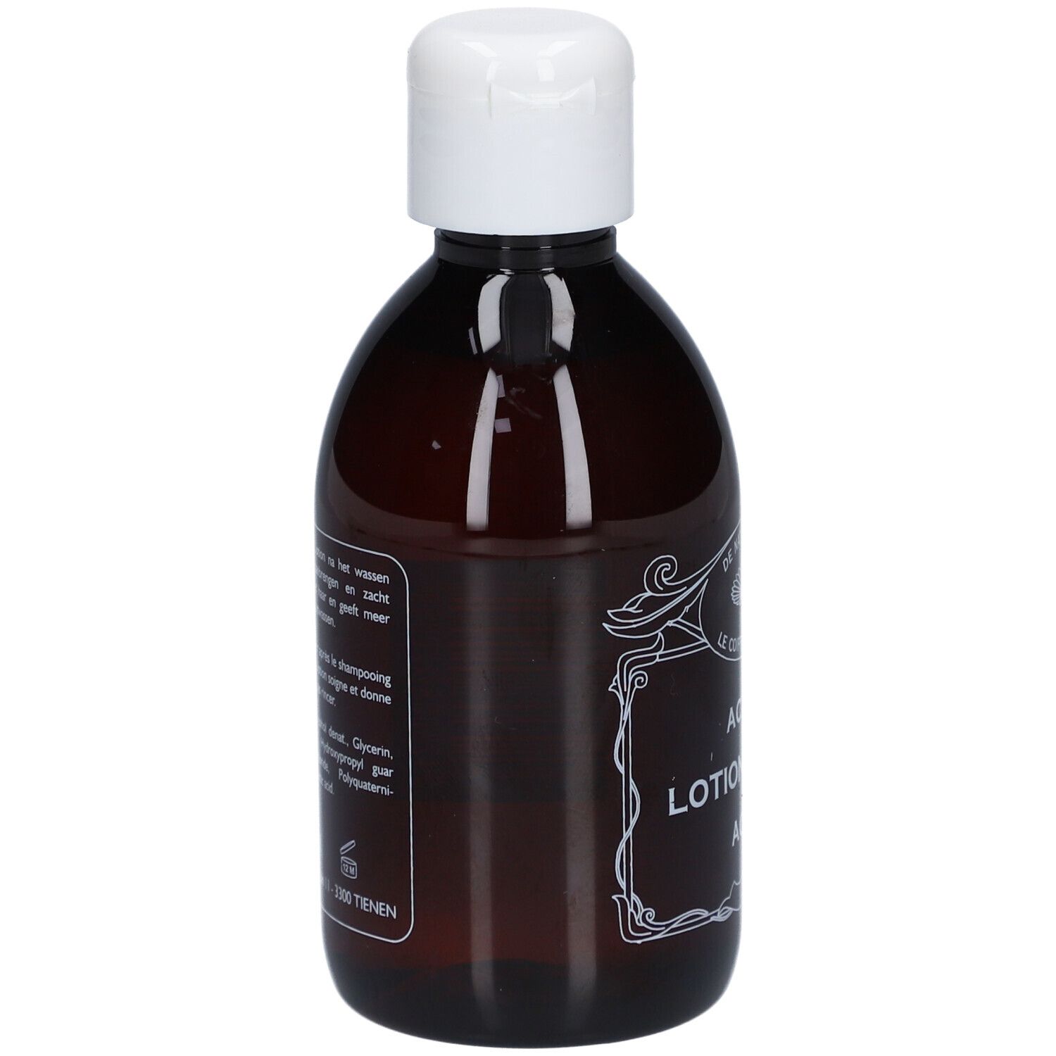 Braune Flasche mit weißem Deckel. Auf der Seite Text in niederländischer Sprache. Marke: De Natuurkapper.