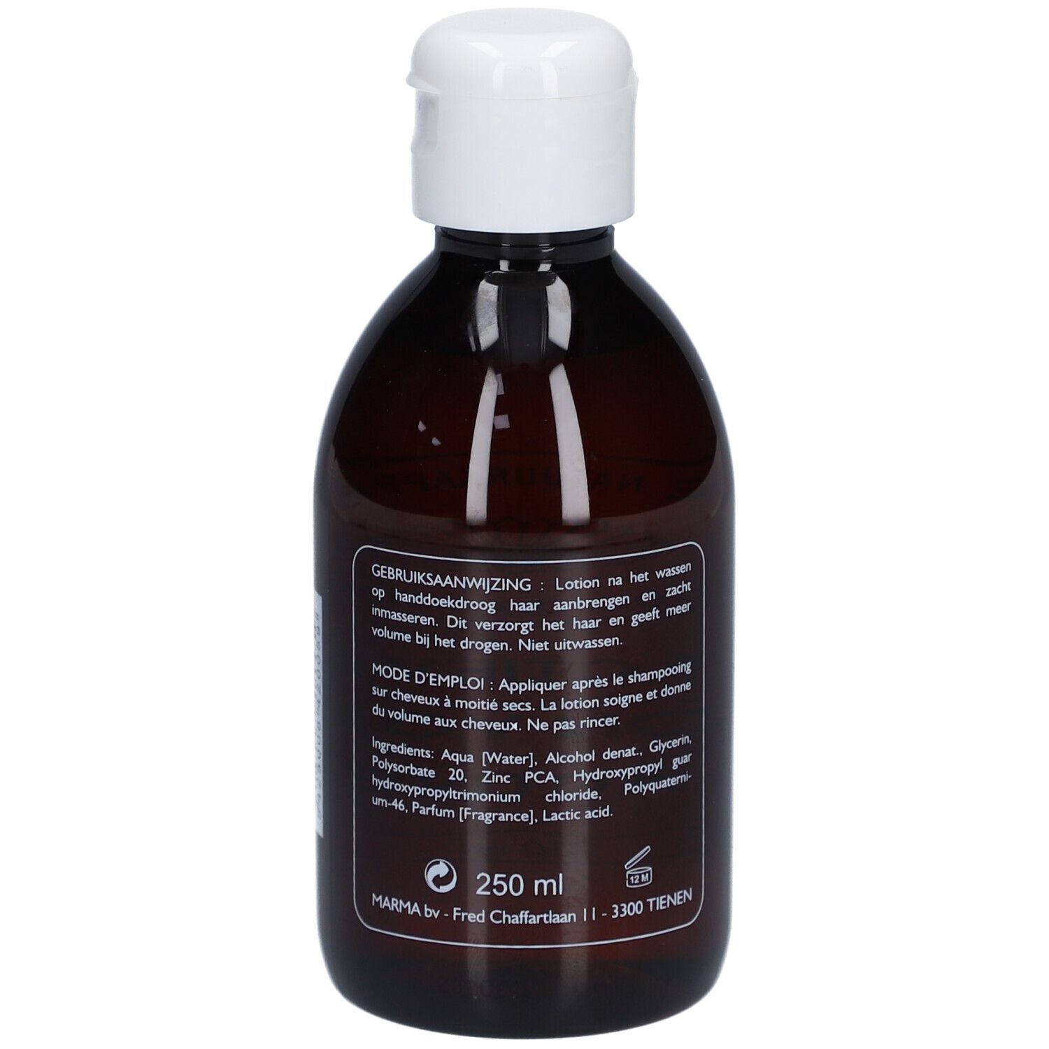 Braune Flasche mit weißem Deckel. Rückseite mit Text in niederländischer und französischer Sprache. Volumen: 250 ml.