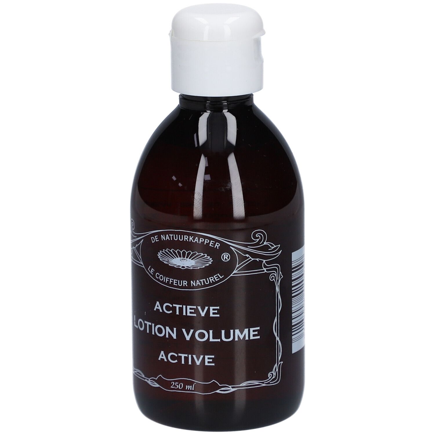 Braune Flasche mit weißem Deckel. Aufschrift: Actieve Lotion Volume Active. Marke: De Natuurkapper. Volumen: 250 ml.