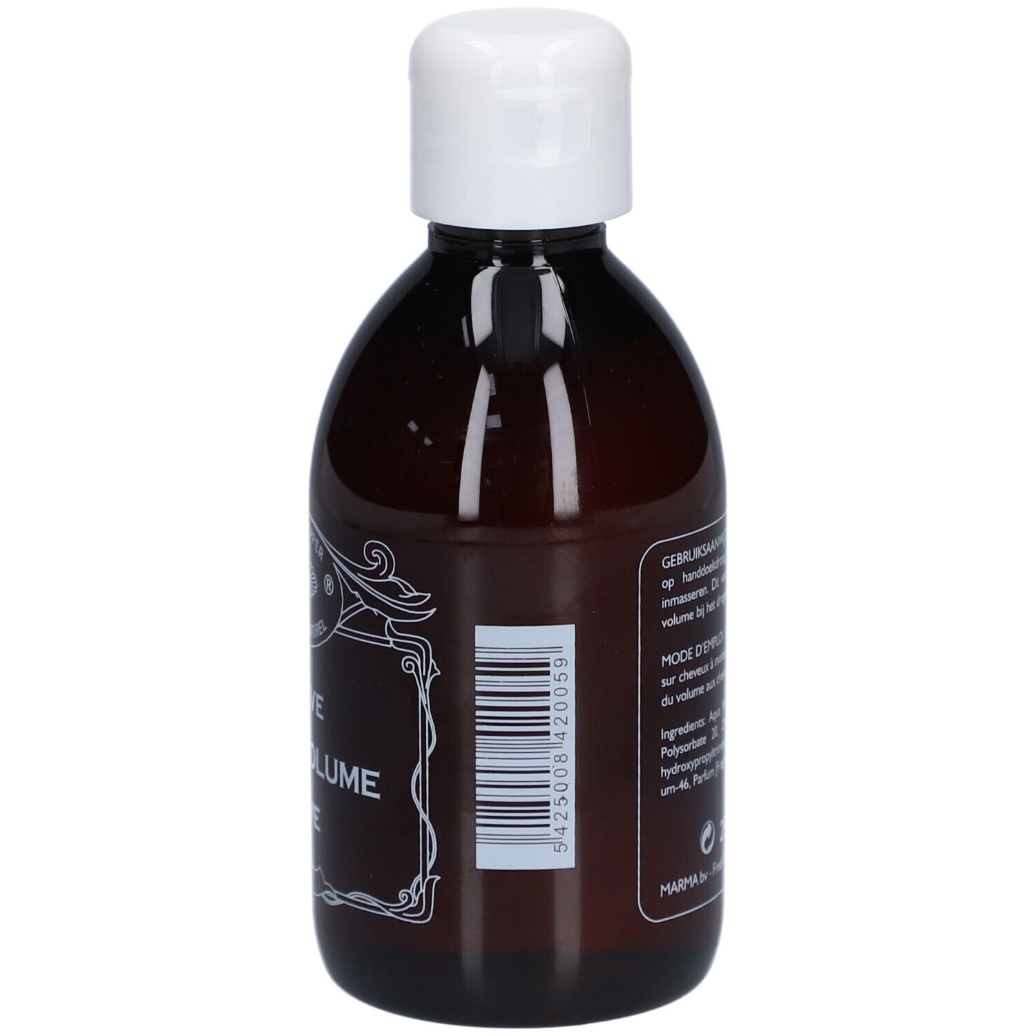 Braune Flasche mit weißem Deckel. Aufschrift: Actieve Lotion Volume Active. Marke: De Natuurkapper. Volumen: 250 ml. Barcode.