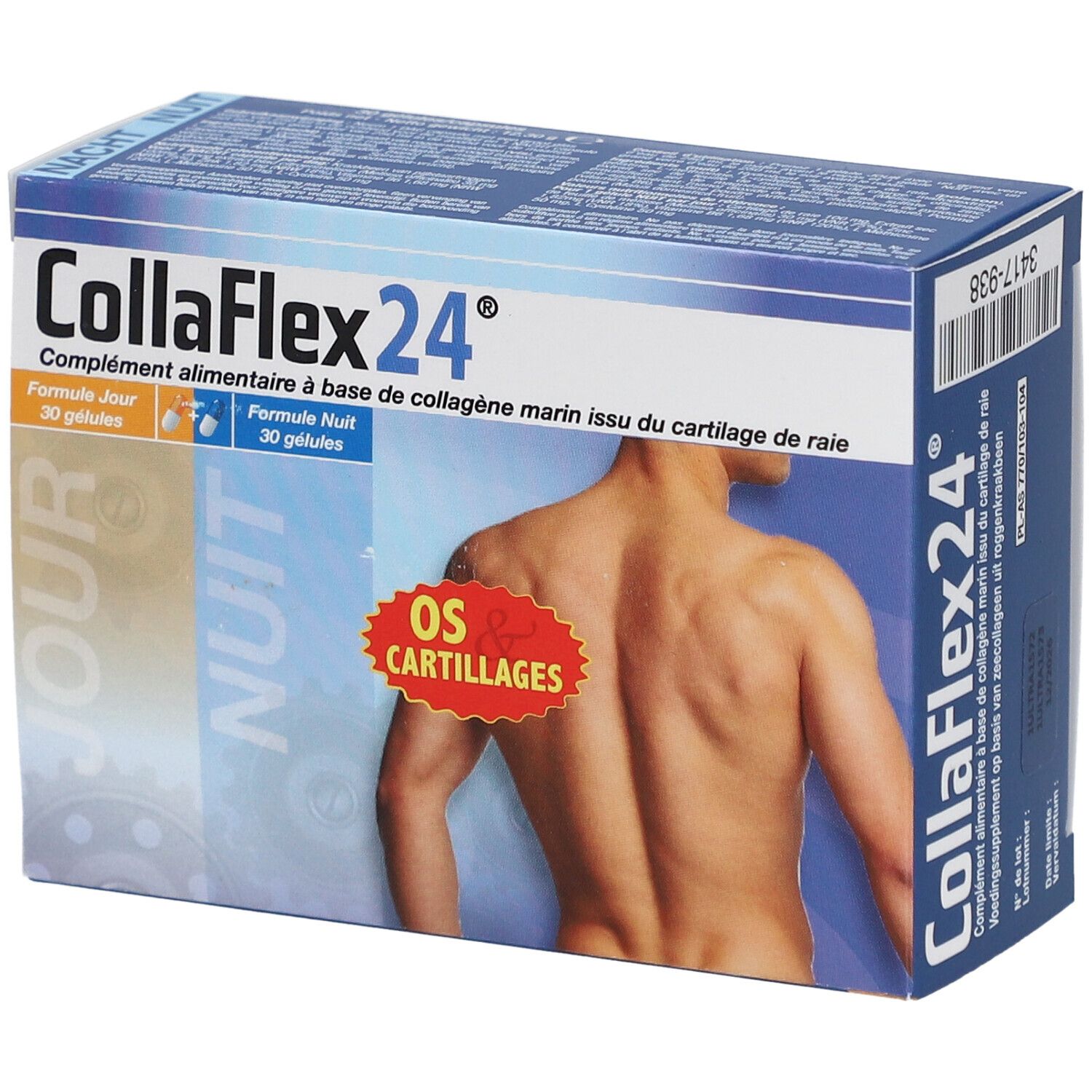 Boîte CollaFlex24®. Contient 30 gélules jour et 30 nuit. Inscription: OS & CARTILAGES. Illustration d'un dos.