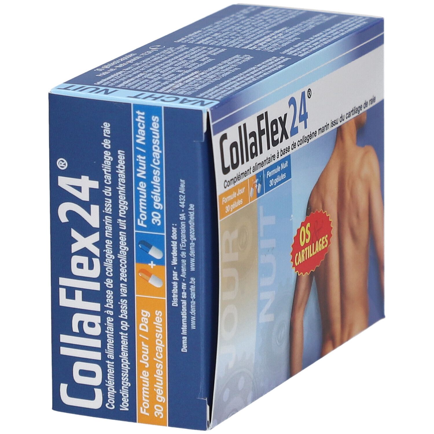 Boîte CollaFlex24®. Contient 30 gélules jour et 30 nuit. Inscription: OS & CARTILAGES. Vue en biais.