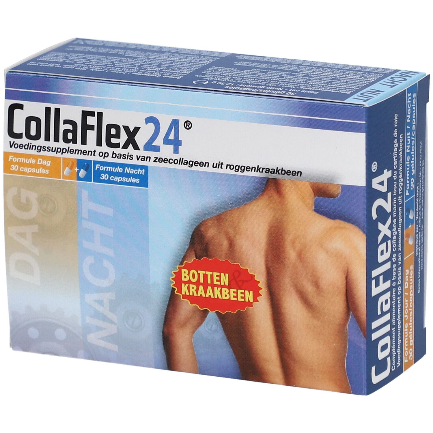 Boîte CollaFlex24®. Contient 30 gélules jour et 30 nuit. Inscription: BOTTEN KRAAKBEEN. Vue en biais.