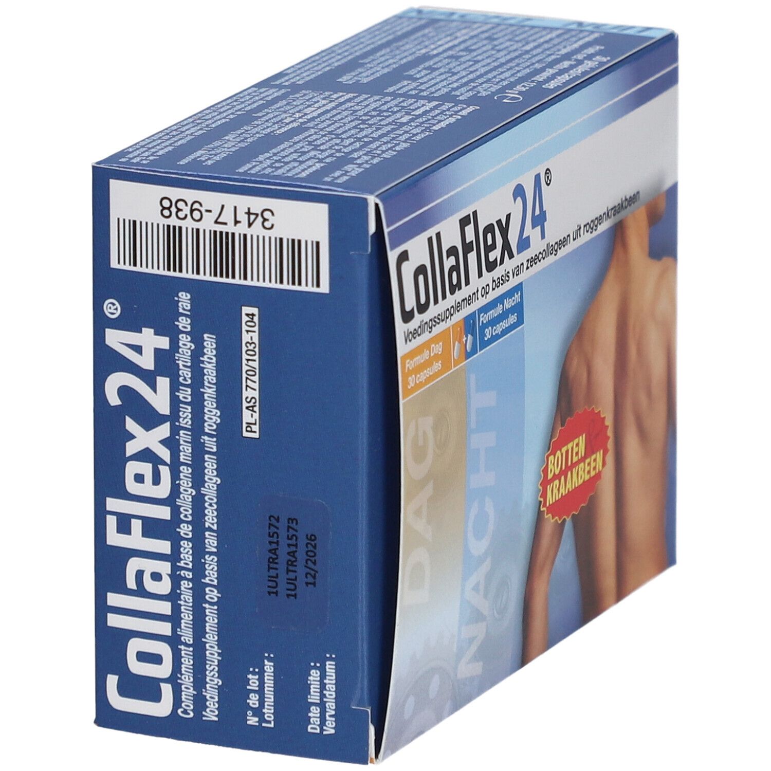 Boîte CollaFlex24®. Contient 30 gélules jour et 30 nuit. Inscription: BOTTEN KRAAKBEEN. Vue en biais.
