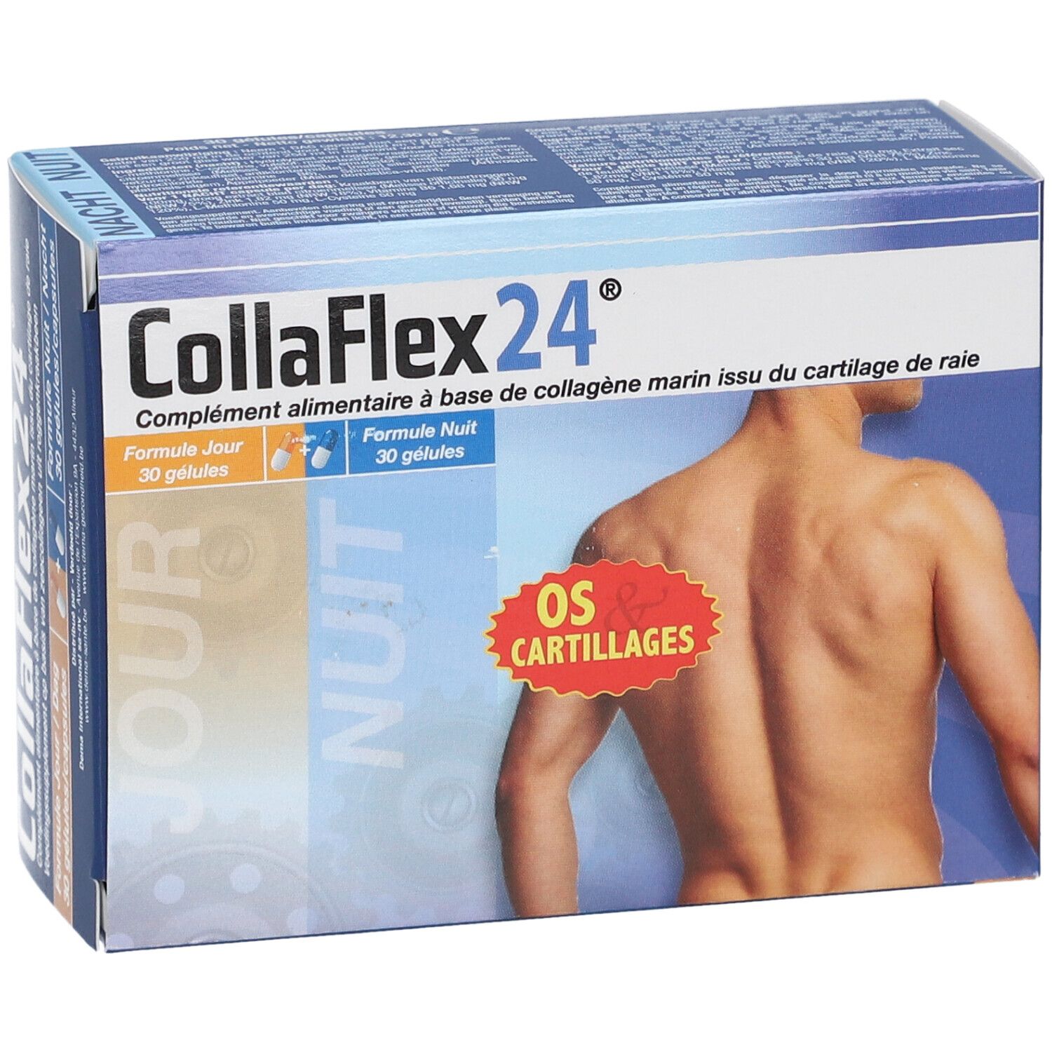Boîte CollaFlex24®. Contient 30 gélules jour et 30 nuit. Inscription: OS & CARTILAGES. Illustration d'un dos.