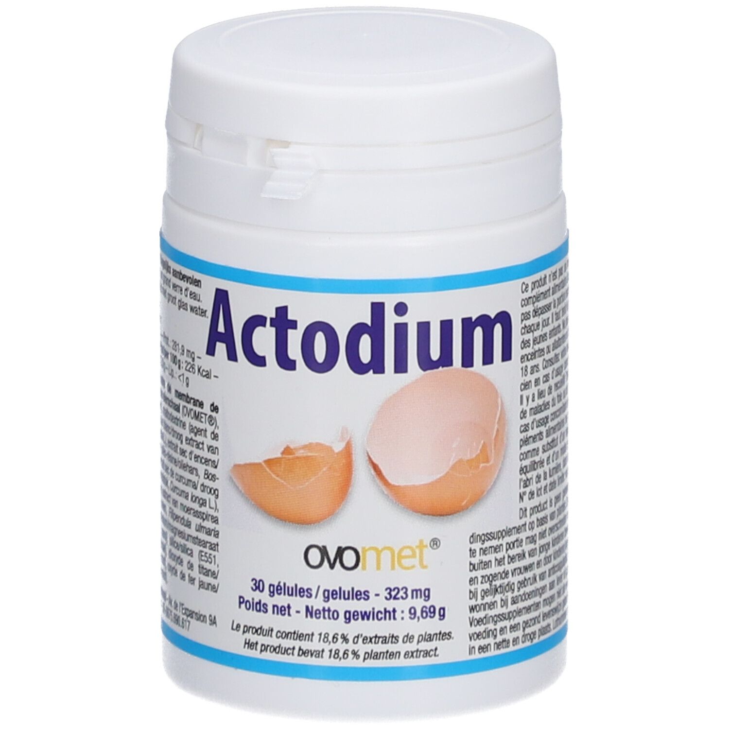 Weiße Dose mit Actodium-Aufdruck und Eierschalen-Illustration. Enthält 30 Kapseln. OVOmet-Logo.