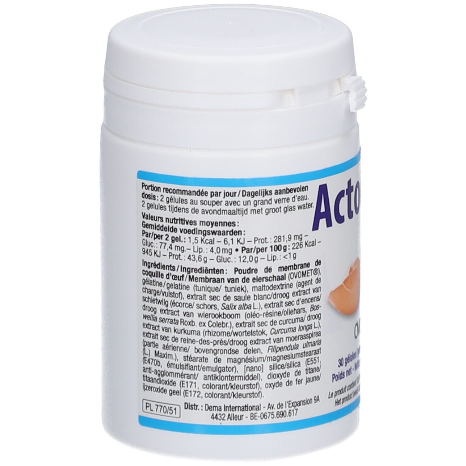 Weiße Dose, Rückseite mit Nährwertangaben und Zutaten. Actodium-Logo und OVOmet-Logo. 30 Kapseln.